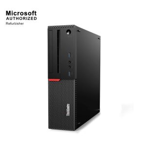 Black Lenovo desktop PC, Microsoft authorized refurbisher.
