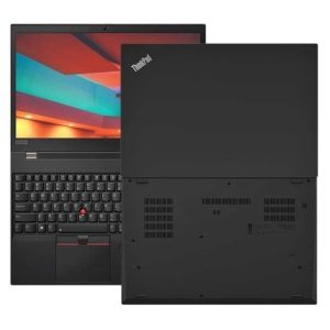 Black ThinkPad laptop, front and back view.