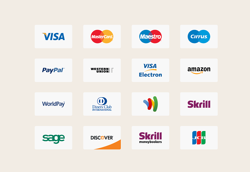 Various payment system logos displayed.