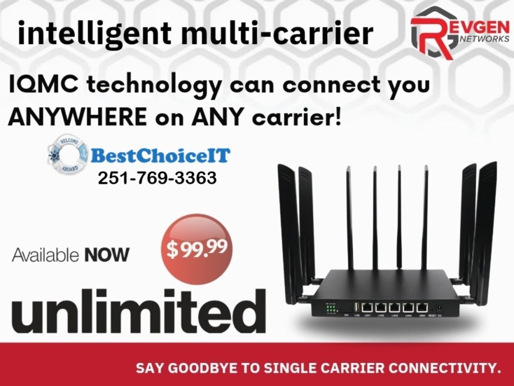 Multi-carrier wireless router ad with pricing and contact info.