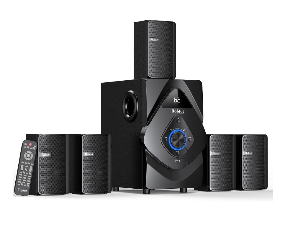 Bobtot home theater system with speakers and remote.