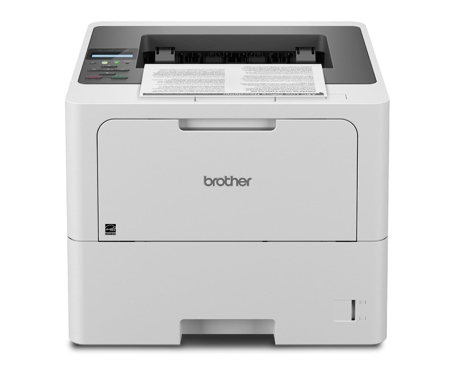 Brother laser printer with paper output.