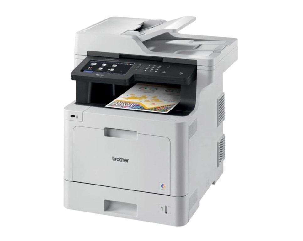 Modern multifunction color printer with touchscreen display.
