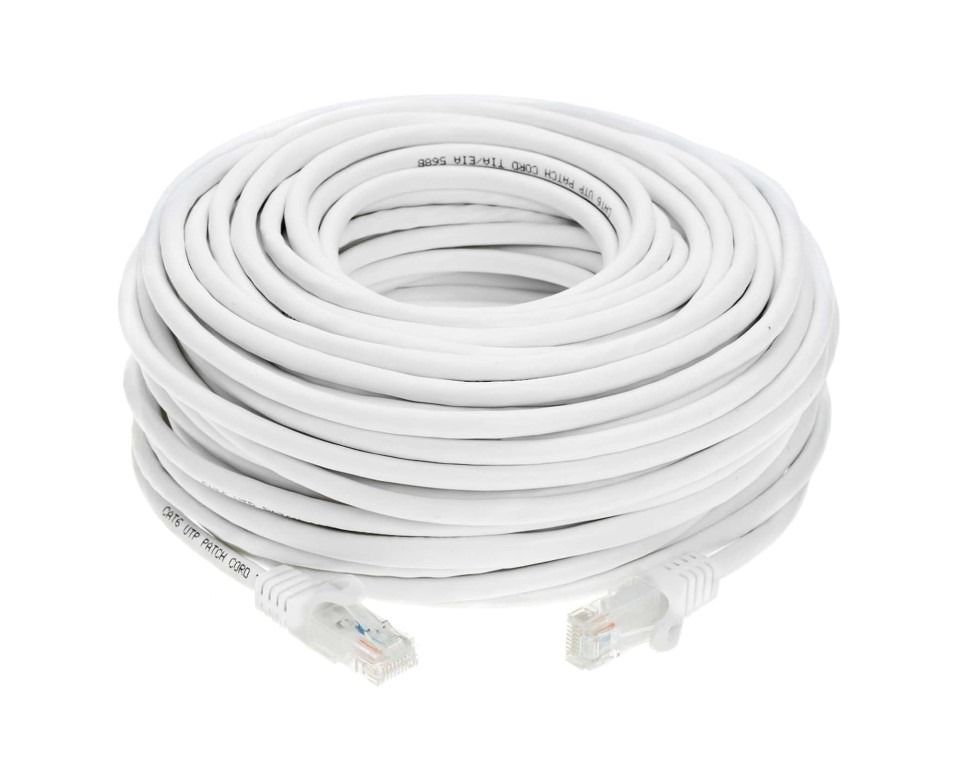 White Ethernet cable, CAT6, network patch cord.