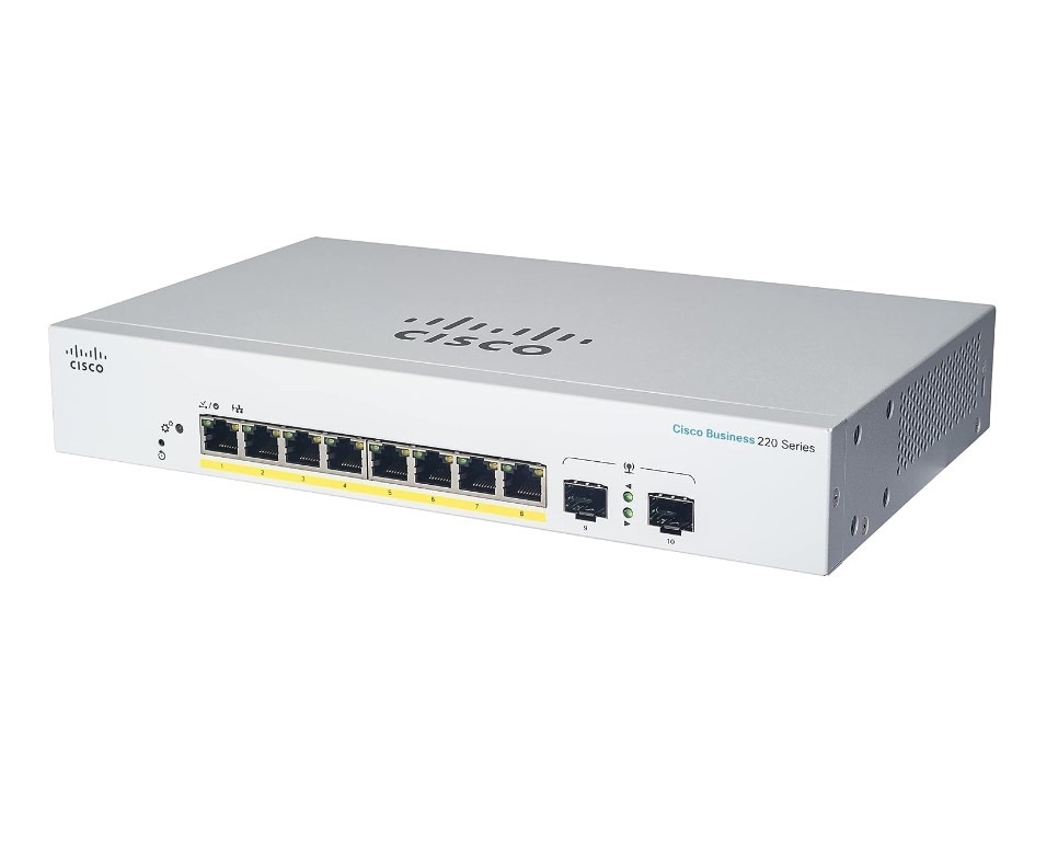 Cisco network switch, Business 220 series, connectivity ports visible.