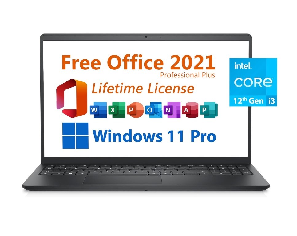 Laptop advertising Office 2021 and Windows 11.