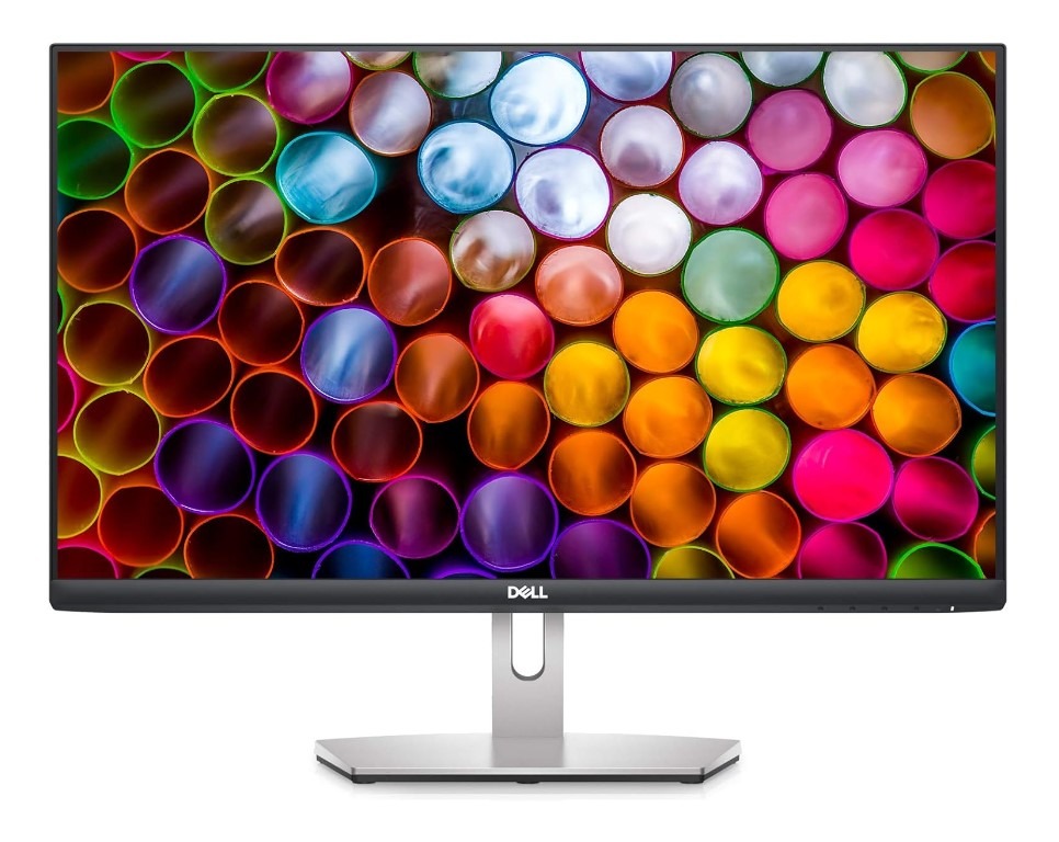 Dell monitor displaying colorful abstract straw pattern.