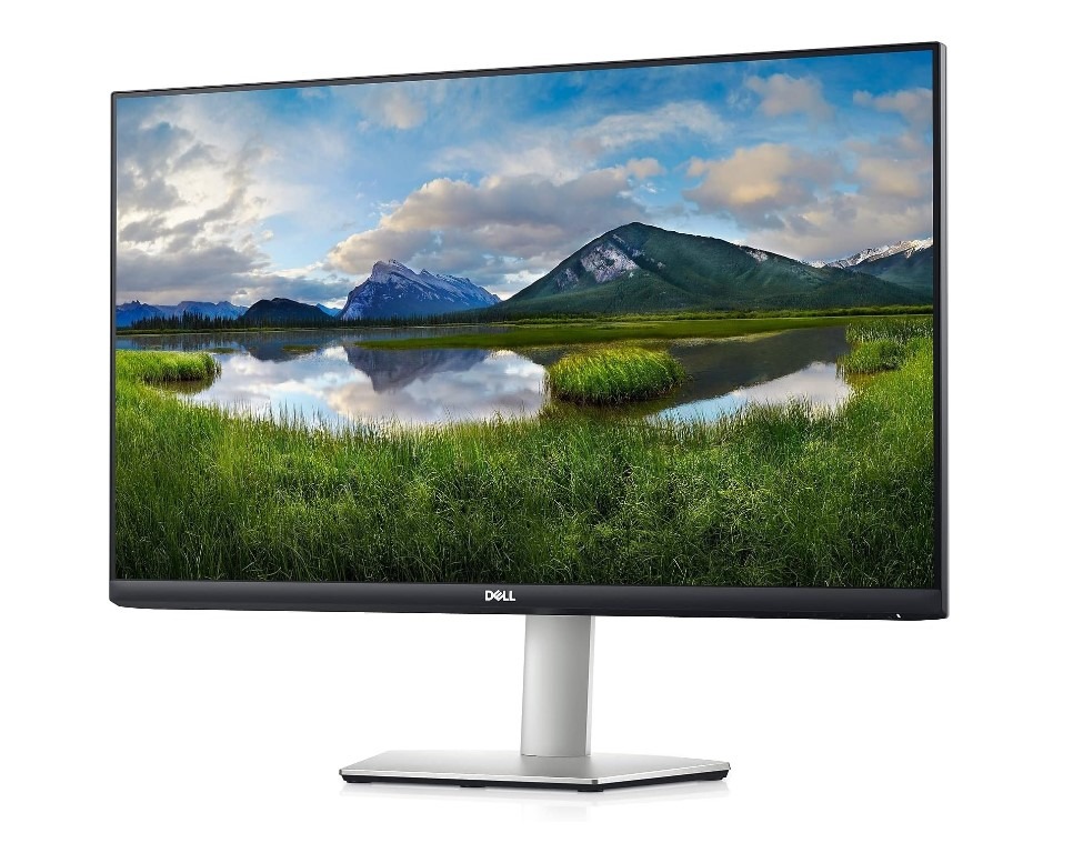Dell monitor displaying mountain and lake landscape.