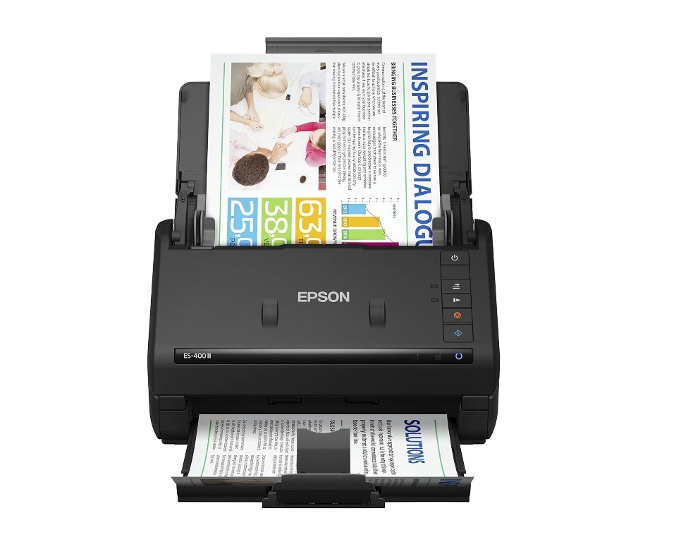 Epson document scanner with papers on white background.