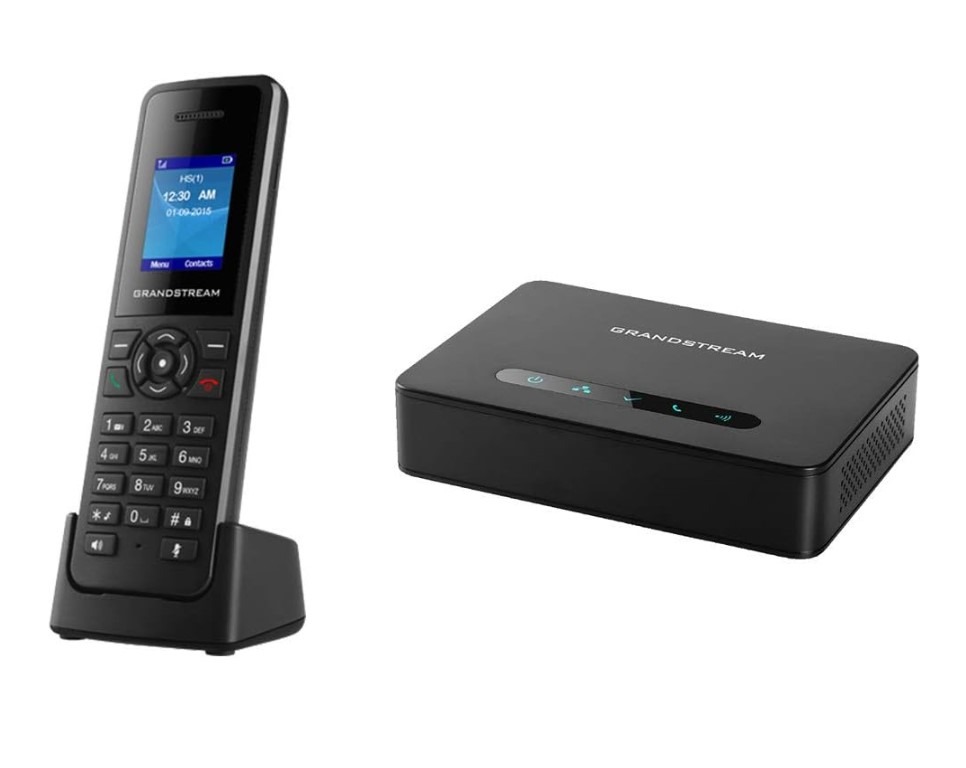 Cordless phone and VoIP base station on white background.