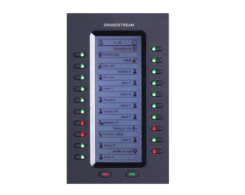 VOIP phone interface with contact list and status lights.