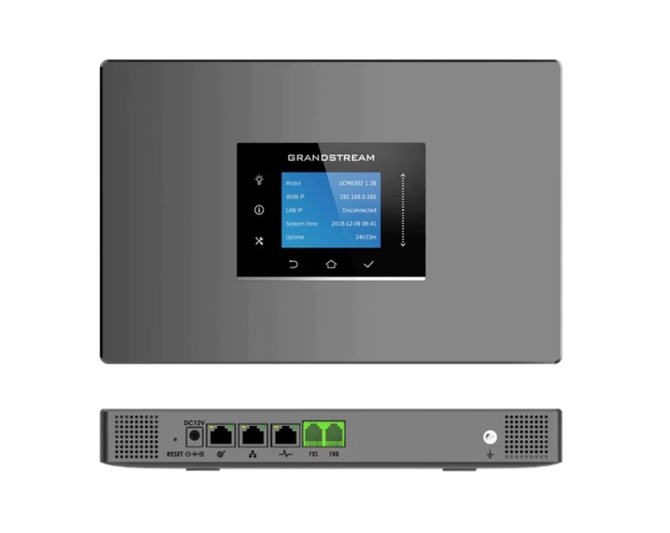 Grandstream UCM series VoIP gateway front and back view.