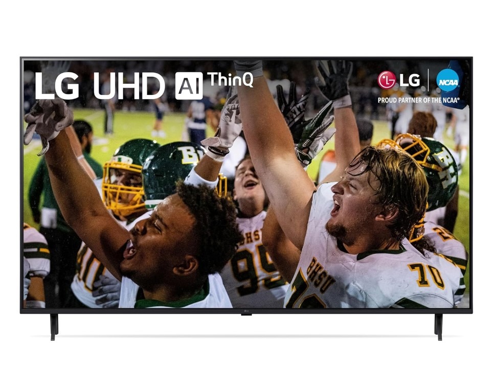 LG UHD AI ThinQ TV displaying football victory celebration.