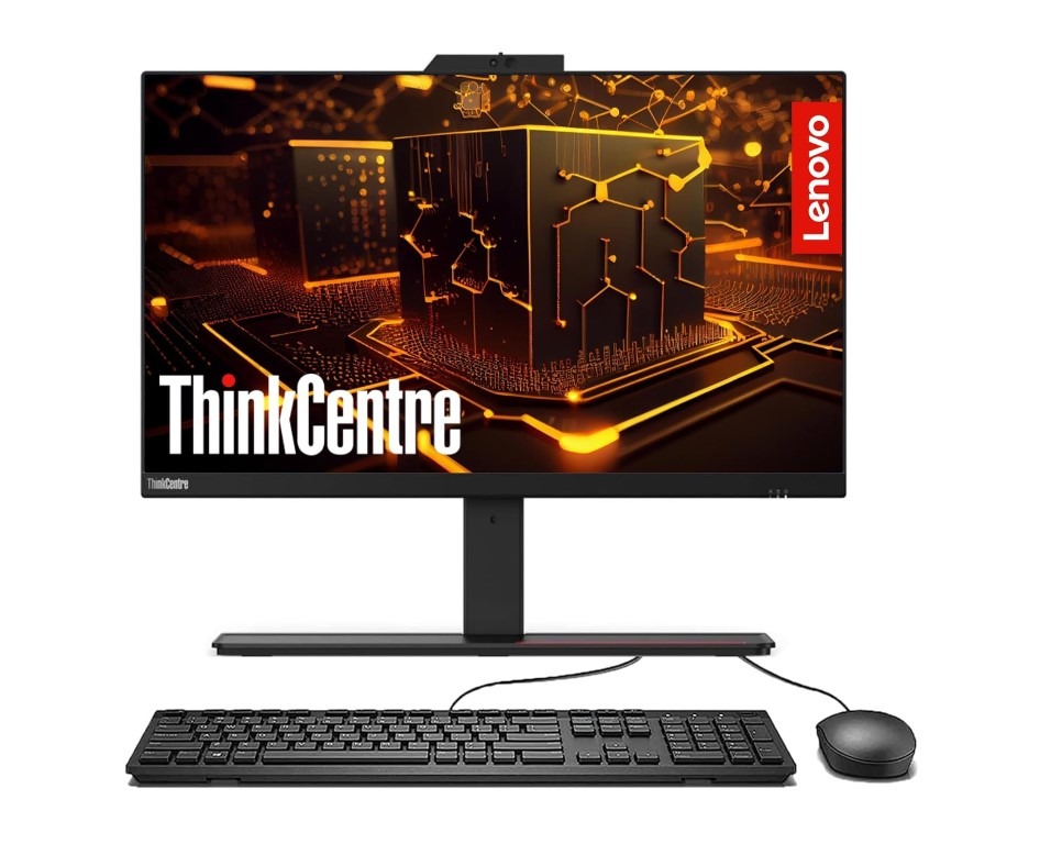 Lenovo desktop computer with monitor, keyboard, and mouse.