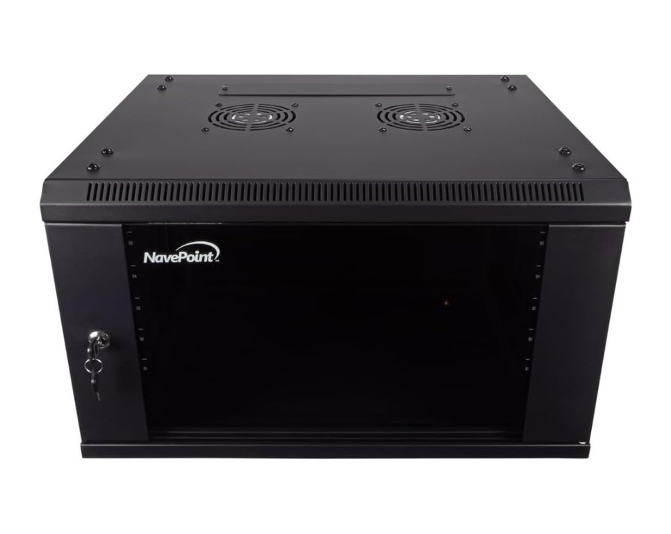 Black NavePoint server rack cabinet with cooling fans.