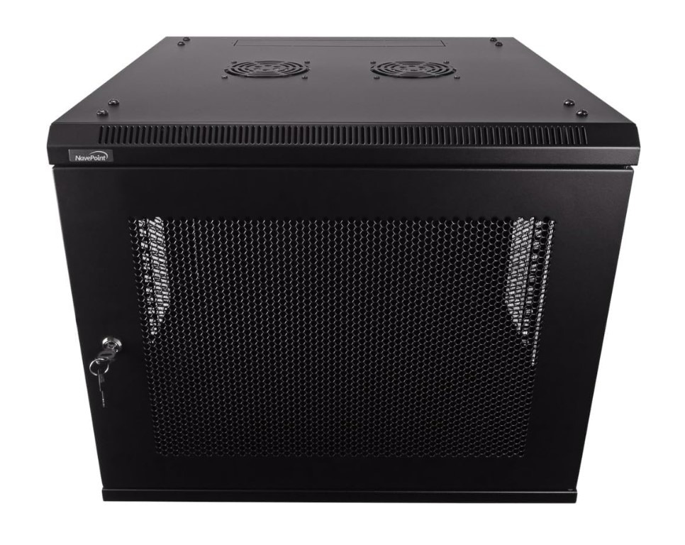 Black server rack cabinet with cooling fans and lock