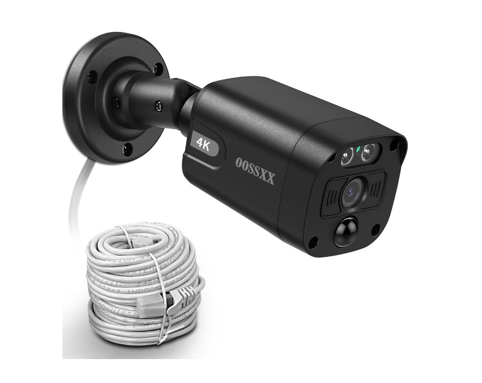 4K security camera with mounting bracket and cable.