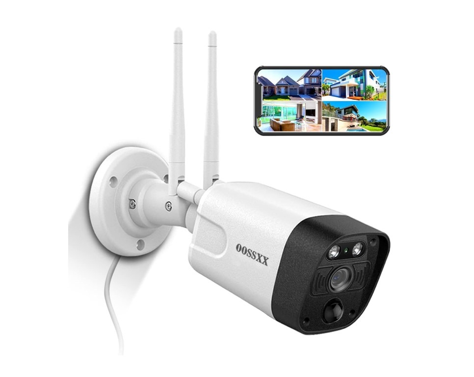 Wireless outdoor security camera with mobile app view.
