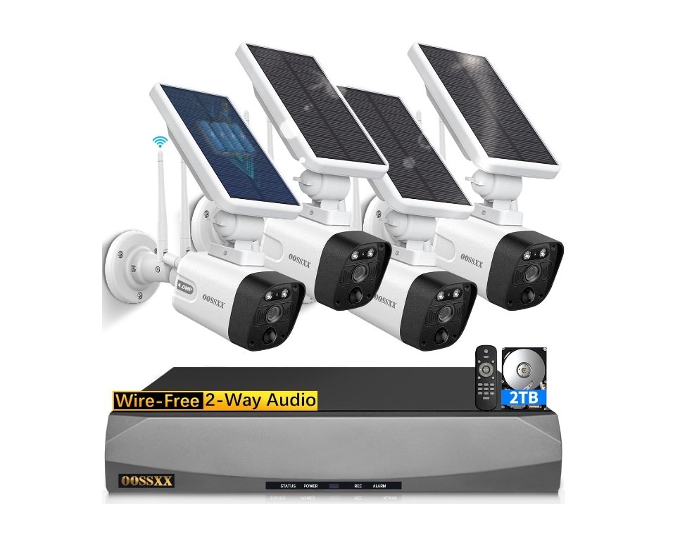 Solar-powered wireless security cameras with DVR system.