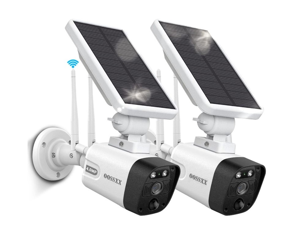 Solar-powered wireless security cameras.