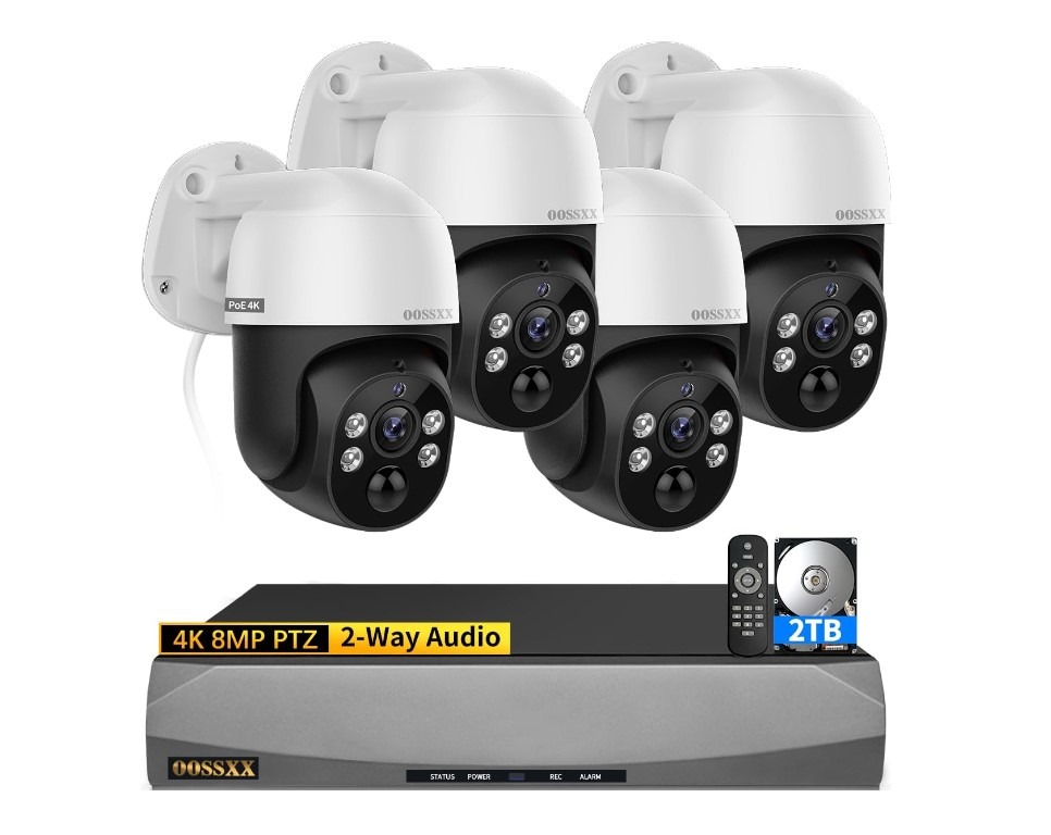 4K security camera system with PTZ and 2TB storage.