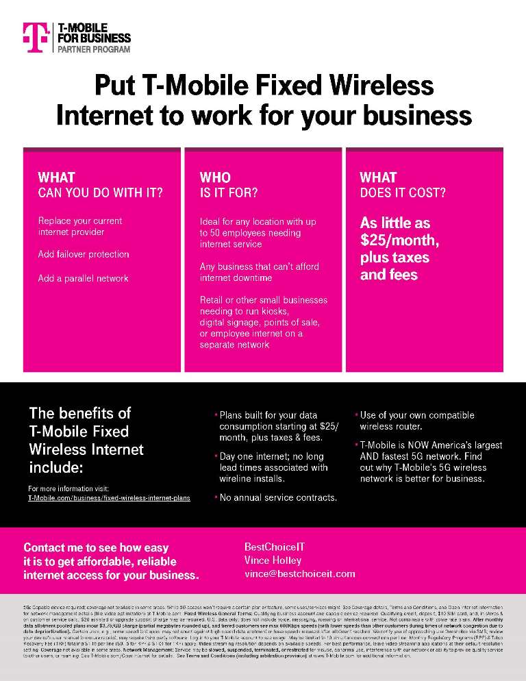 T-Mobile Fixed Wireless Internet advertisement for businesses.