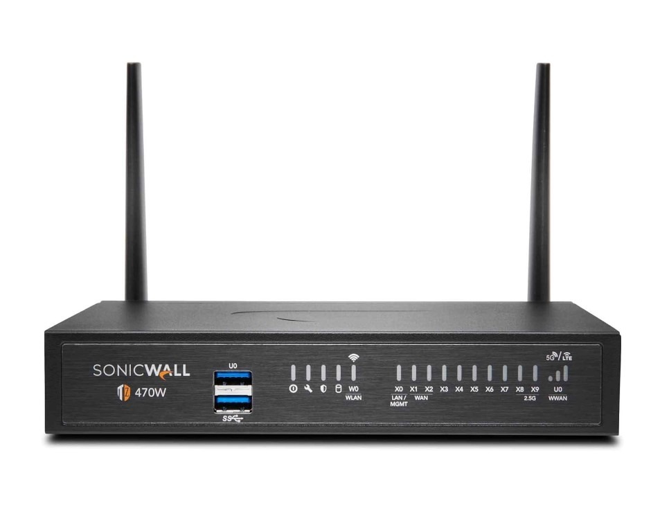 Black SonicWall firewall router with antennas