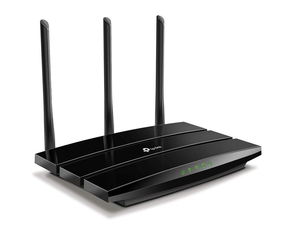 Black dual-band wireless router with three antennas.