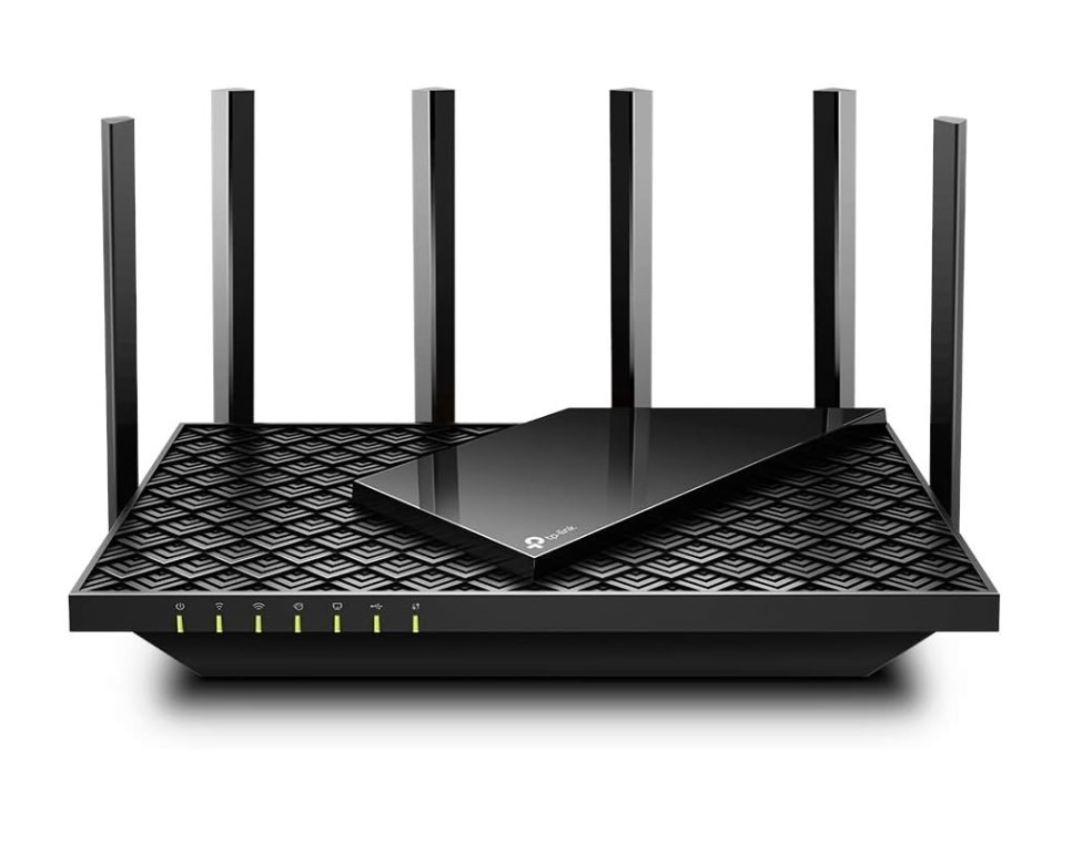 Black modern wireless router with antennas.