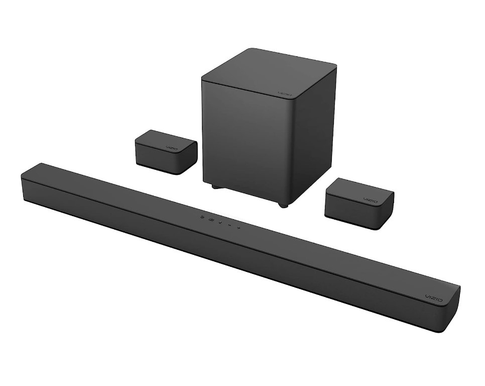 Black home theater sound system components.