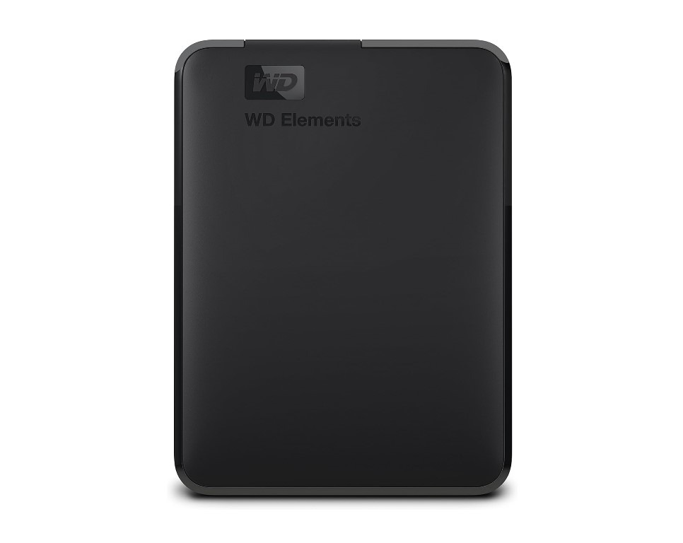Black external hard drive on white background.