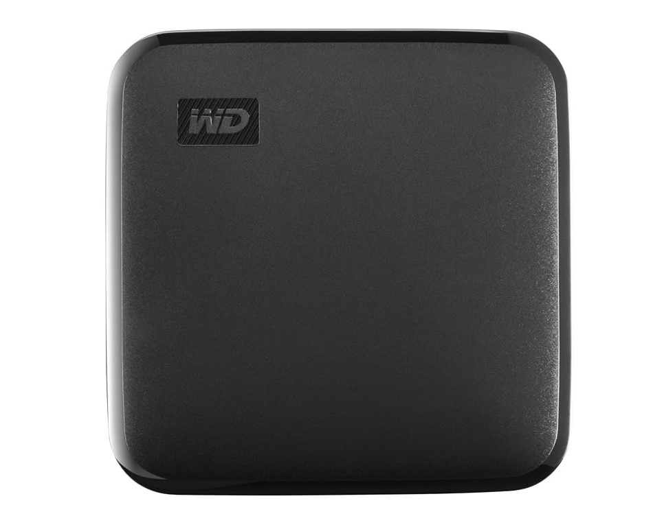 Black WD portable external hard drive.