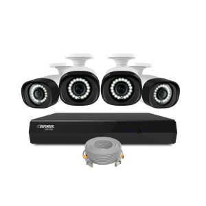 Home security camera system with DVR and cables.