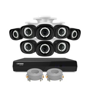 Security camera system with DVR and cables.