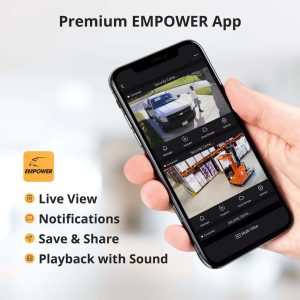 Hand holding phone with EMPOWER security camera app.