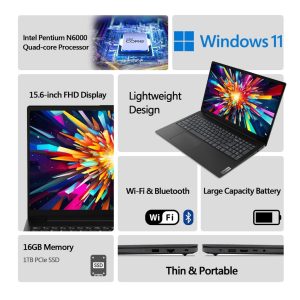 Laptop with Intel Processor and Windows 11 features highlighted.