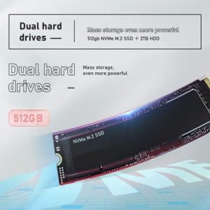 Dual hard drives with 512GB NVMe M.2 SSD and 2TB HDD.