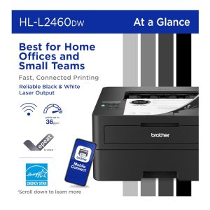 Brother HL-L2460DW laser printer advertisement.