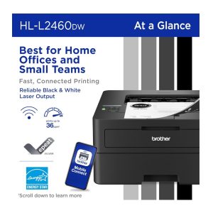 Brother HL-L2460DW laser printer advertisement with features.