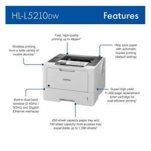 Brother HL-L5210dw printer with wireless and duplex features.