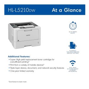 Brother HL-L5201DW printer with key features highlighted.