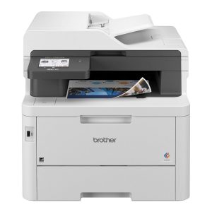 Multifunction color printer with printed pages coming out.