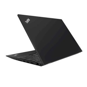 Black modern laptop, side view, isolated.